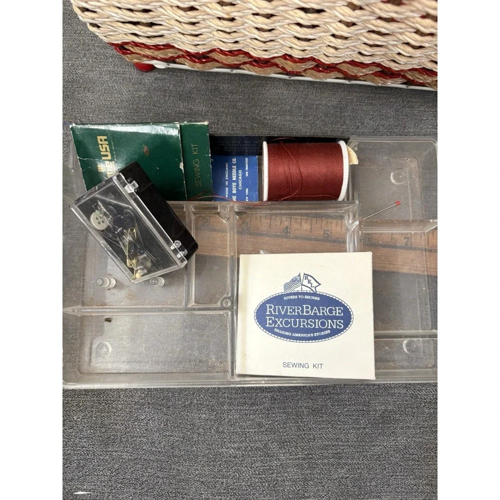 Vintage German Wicker Sewing Basket With Red Satin Lining W/ Sewing Accessories